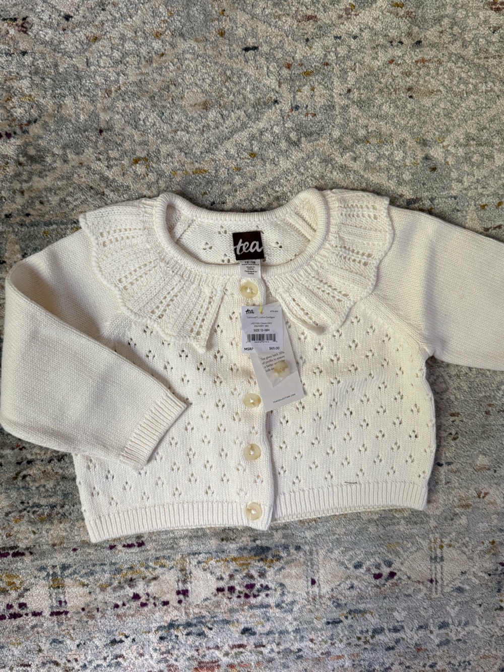 Tea Collection Cream Eyelet Ruffle Collar Cardigan